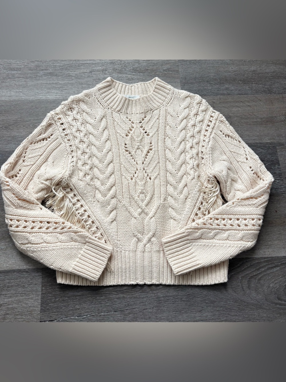 VINCE Cream Cable Knit Fringe Sweater - Women